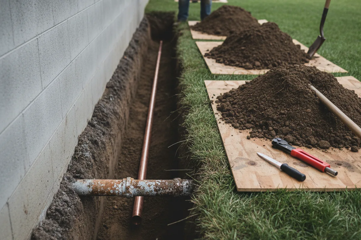 Excavated water line trench during Water Softener Installation in Staten Island
